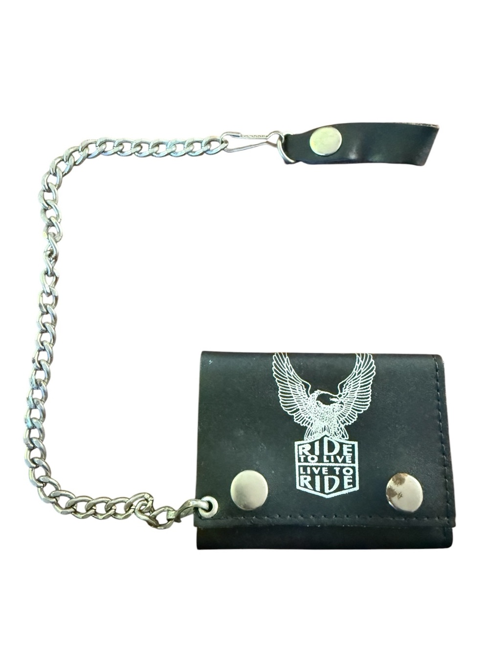 Vintage Black Biker Leather Wallet with Chain - Ride to Live Live to Ride Design